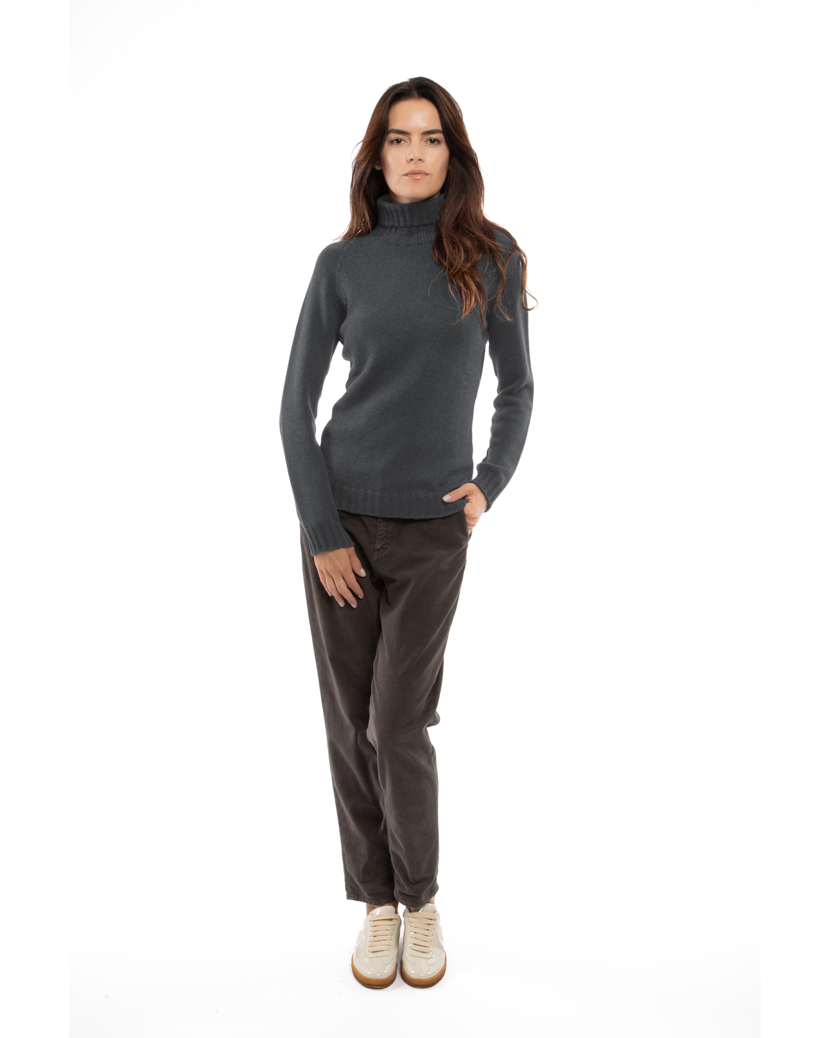Women's cashmere raglan sleeve turtleneck sweater in Charcoal, full-length view on a model