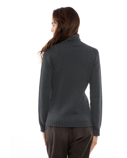 Women's cashmere raglan sleeve turtleneck sweater in Charcoal, back view on a model