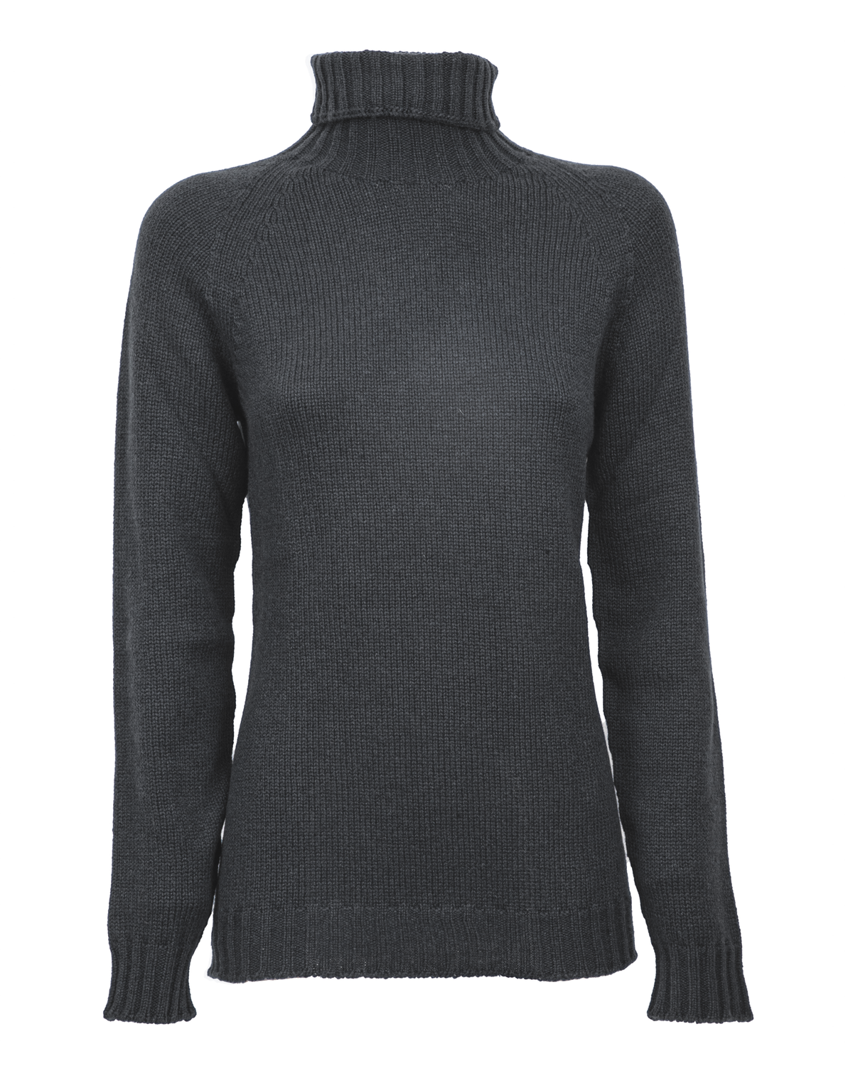 Women's cashmere raglan sleeve turtleneck sweater in Charcoal, front product view