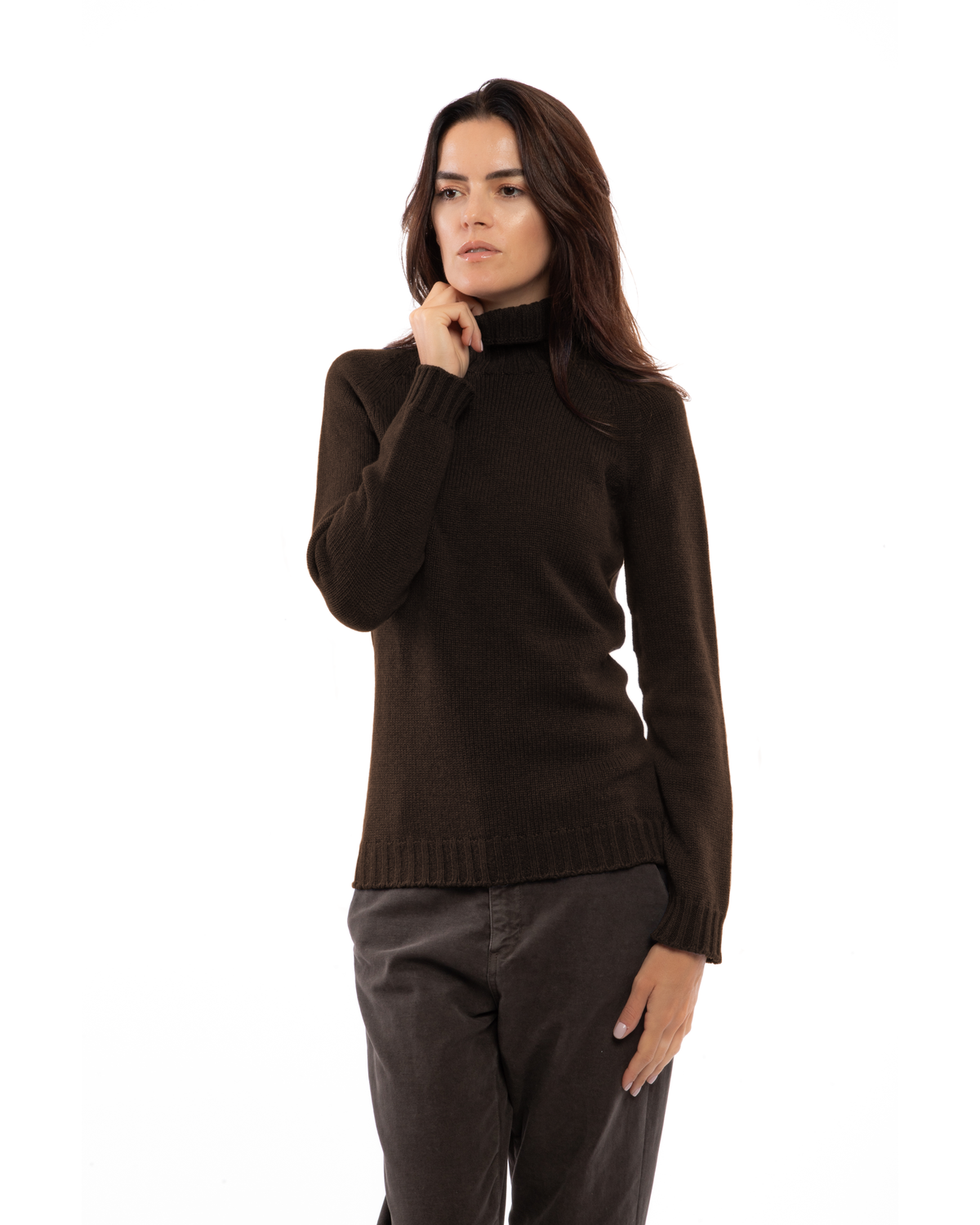 Women's cashmere raglan sleeve turtleneck sweater in Coffee, front view on a model
