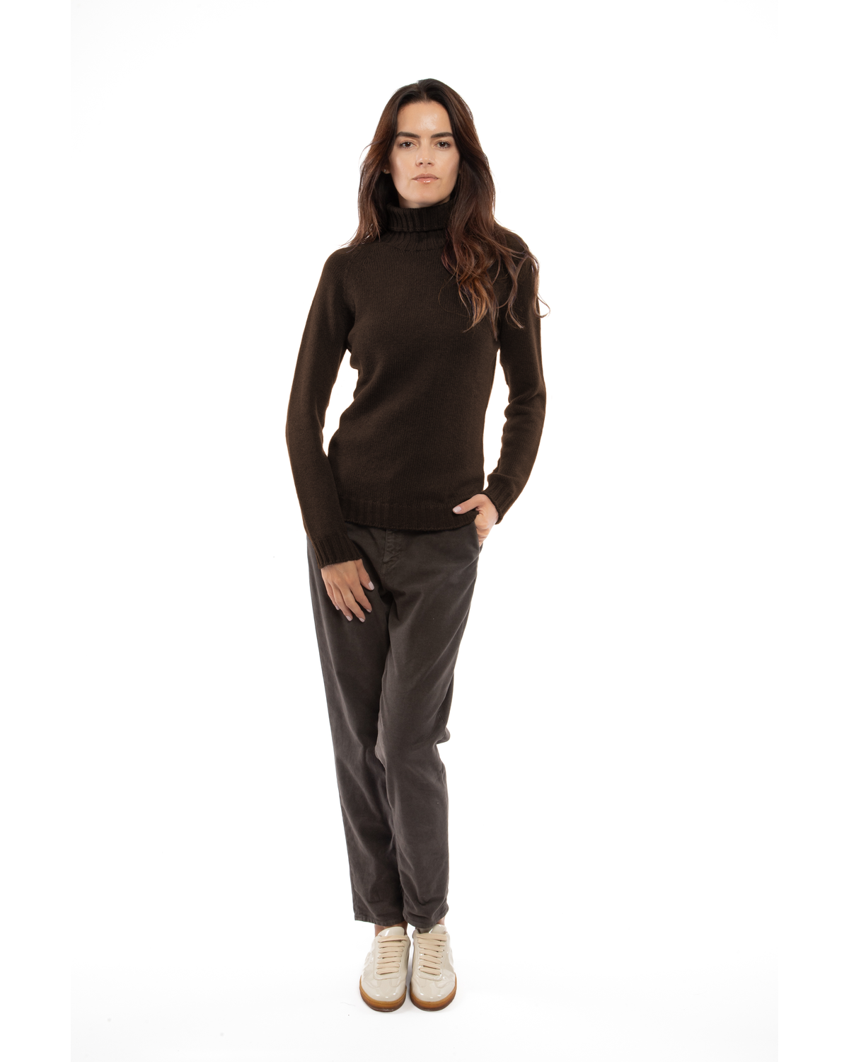 Women's cashmere raglan sleeve turtleneck sweater in Coffee, full-length view on a model