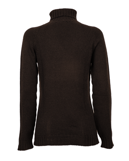 Women's cashmere raglan sleeve turtleneck sweater in Coffee, back product view
