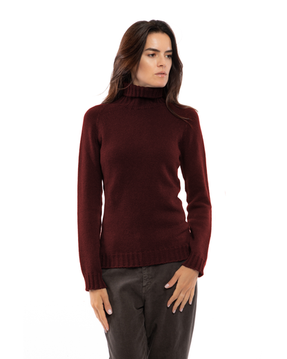 Women's cashmere raglan sleeve turtleneck sweater in Bordeaux, front view on a model