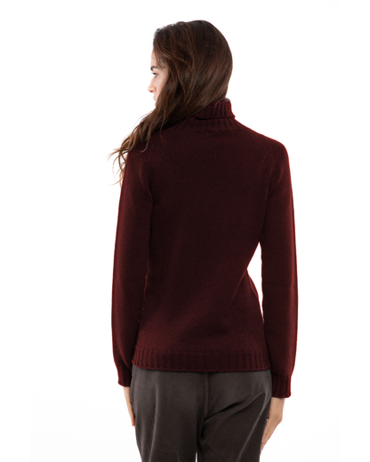 Women's cashmere raglan sleeve turtleneck sweater in Bordeaux, back view on a model