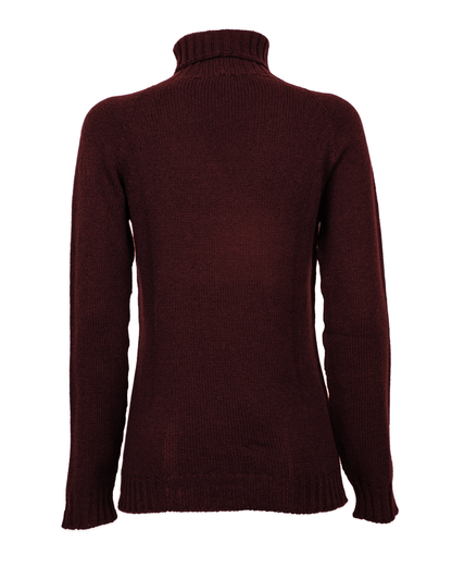 Women's cashmere raglan sleeve turtleneck sweater in Bordeaux, back product view