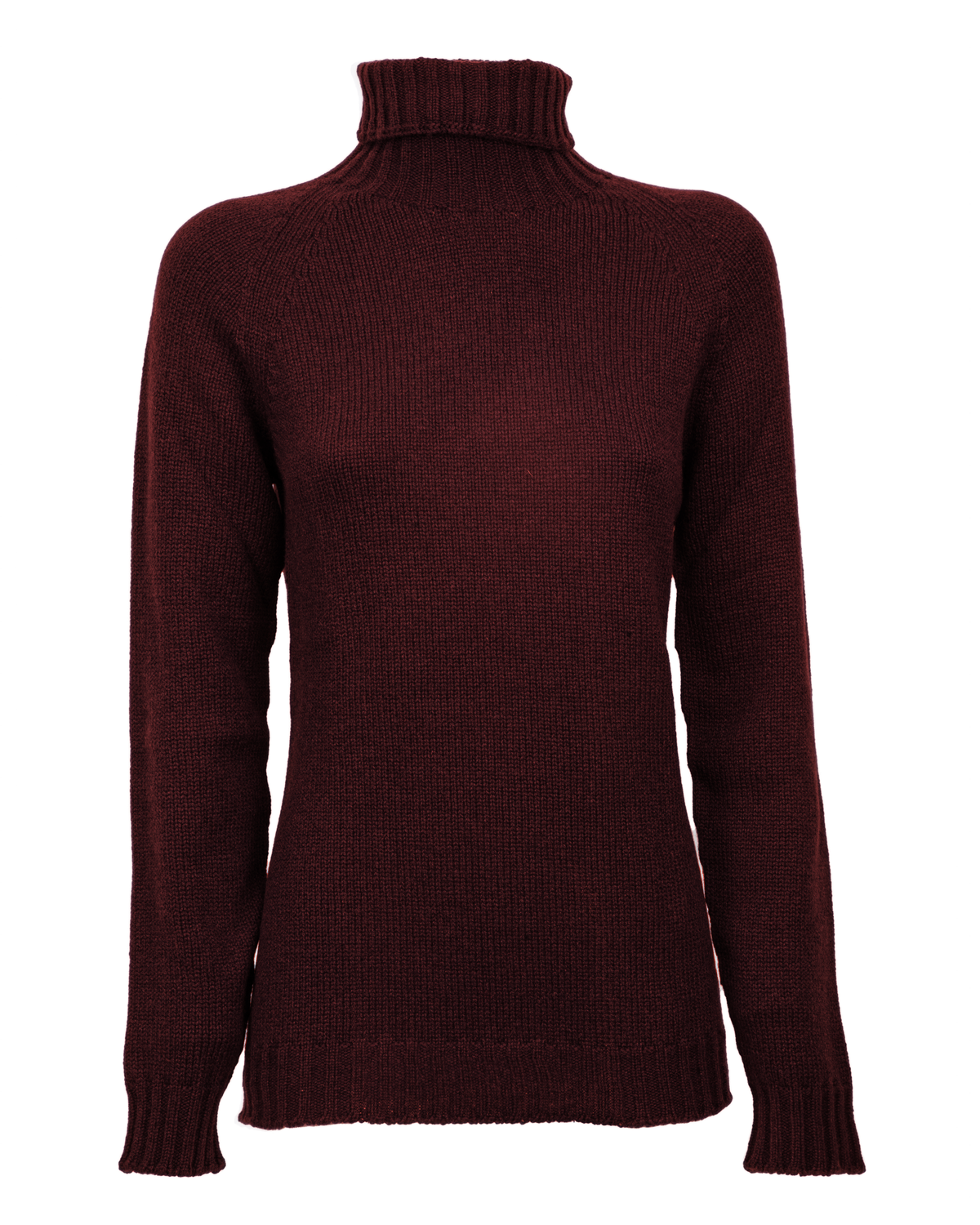 Women's cashmere raglan sleeve turtleneck sweater in Bordeaux, front product view