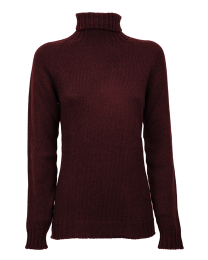 Women's cashmere raglan sleeve turtleneck sweater in Bordeaux, front product view