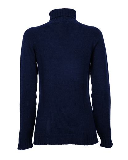 Women's cashmere raglan sleeve turtleneck sweater in Blue, back product view