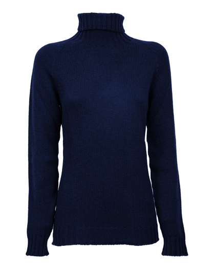 Women's cashmere raglan sleeve turtleneck sweater in Blue, front product view