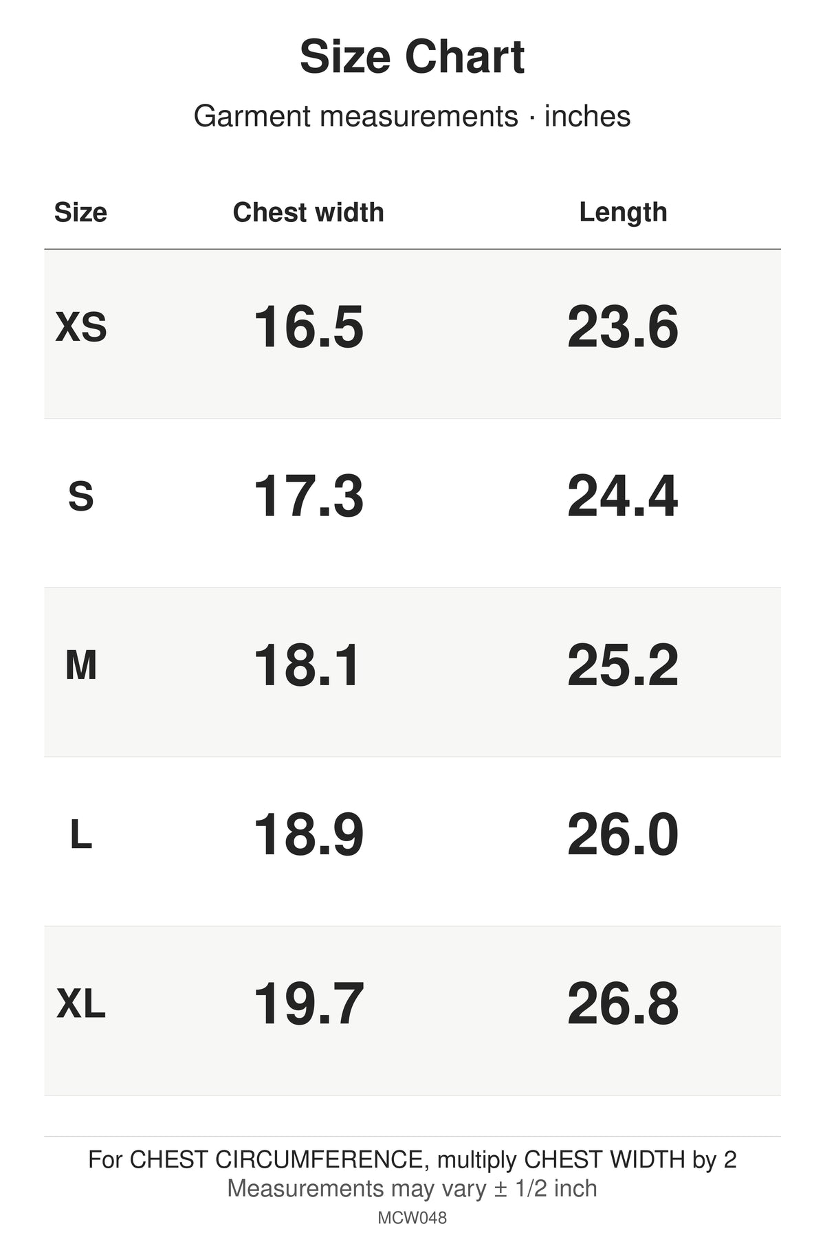 MCW048 size chart: garment measurements for XS, S, M, L, XL, in inches.