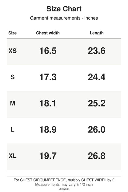 MCW048 size chart: garment measurements for XS, S, M, L, XL, in inches.
