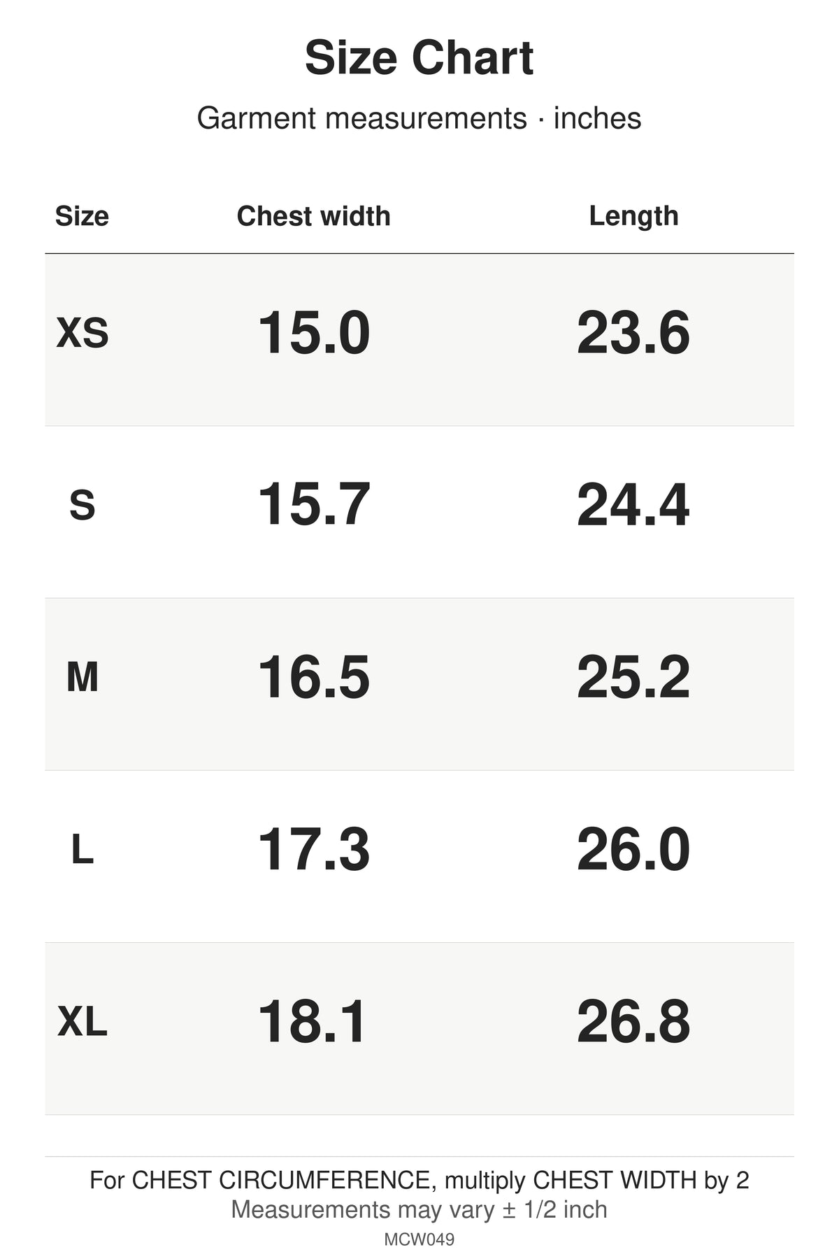MCW049 size chart: garment measurements for XS, S, M, L, XL, in inches.