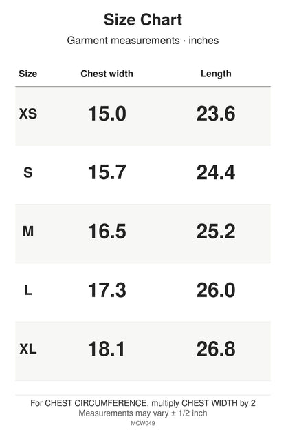 MCW049 size chart: garment measurements for XS, S, M, L, XL, in inches.