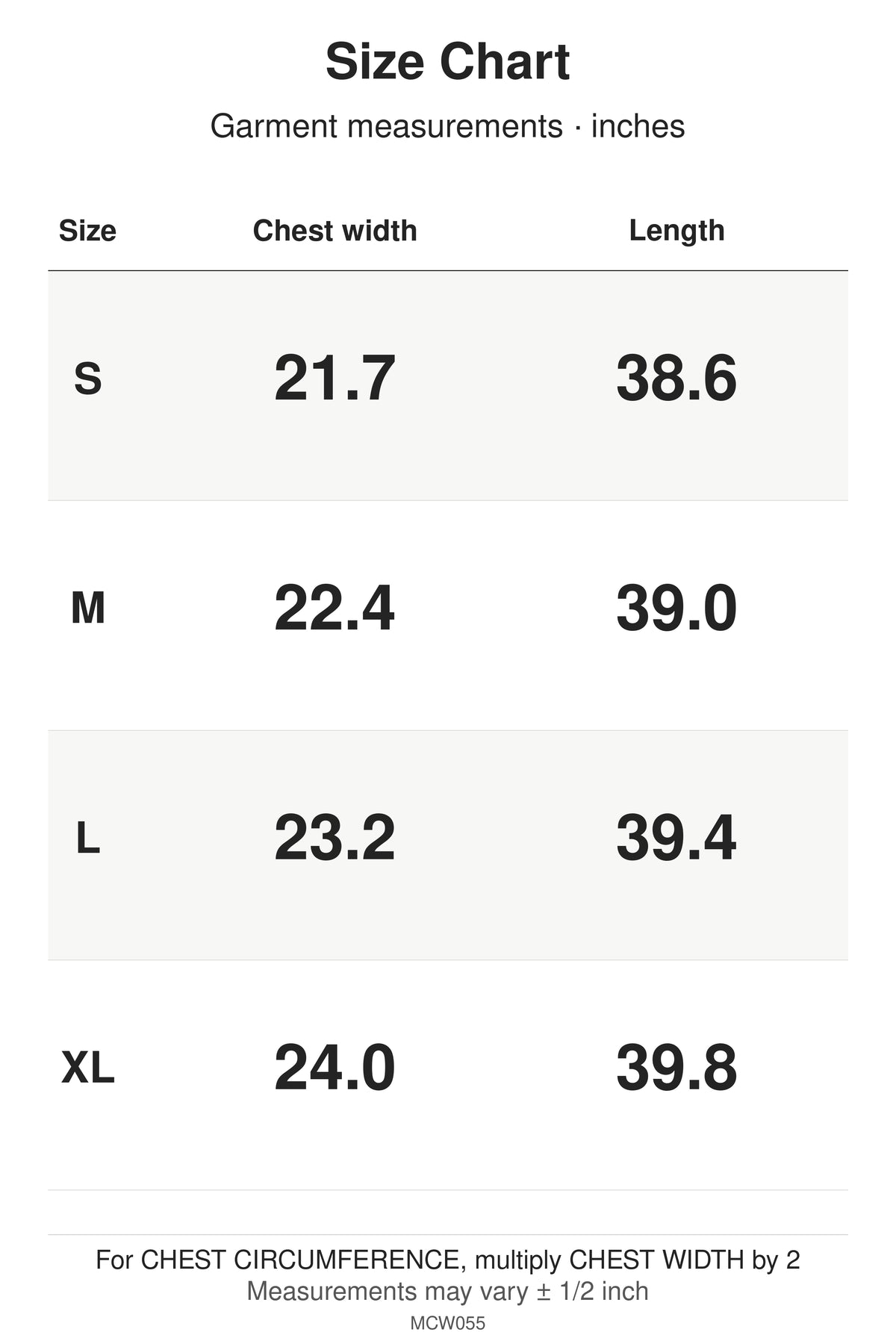 MCW055 size chart: garment measurements for S, M, L, XL, in inches.