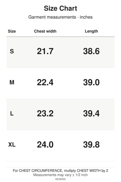 MCW055 size chart: garment measurements for S, M, L, XL, in inches.