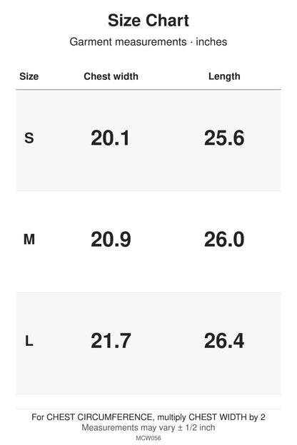 MCW056 size chart: garment measurements for S, M, L, in inches.