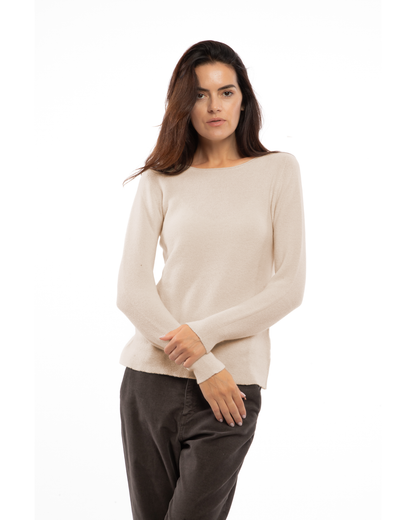 Beige cashmere links stitch boat neck sweater, on a model, front view showing the boat neckline and long sleeves