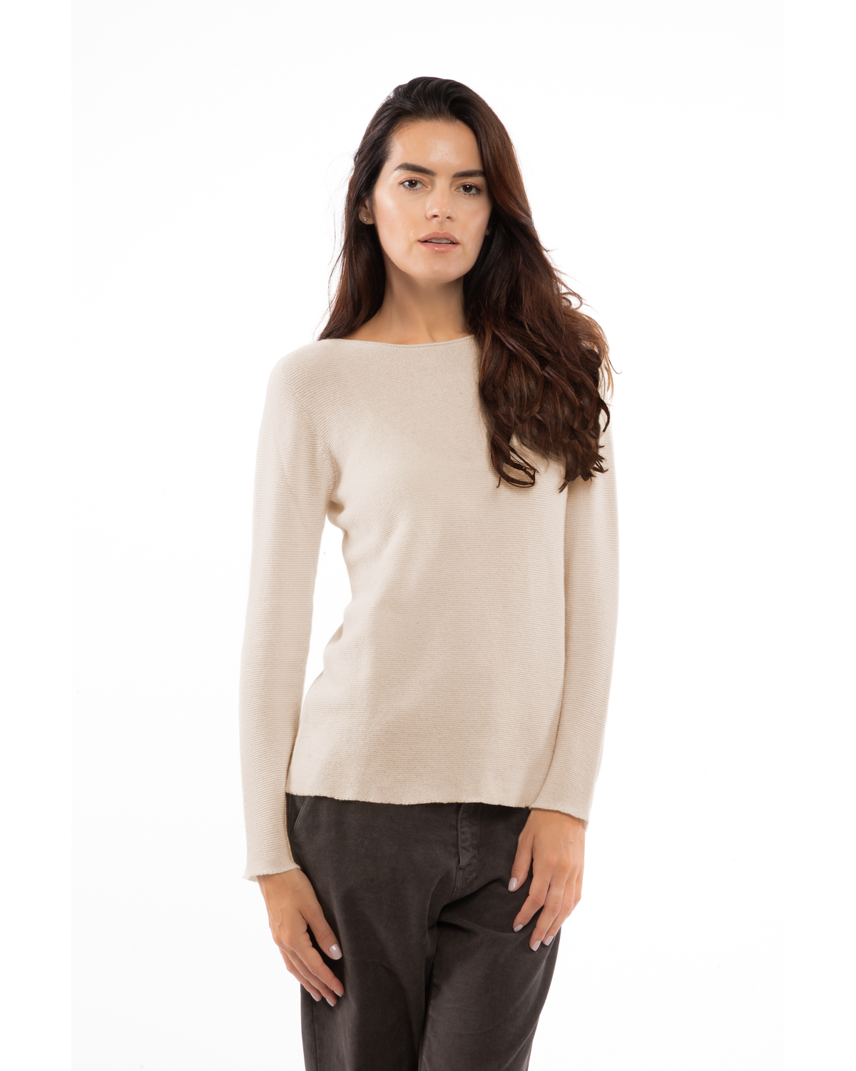 Beige cashmere links stitch boat neck sweater, on a model, straight front view