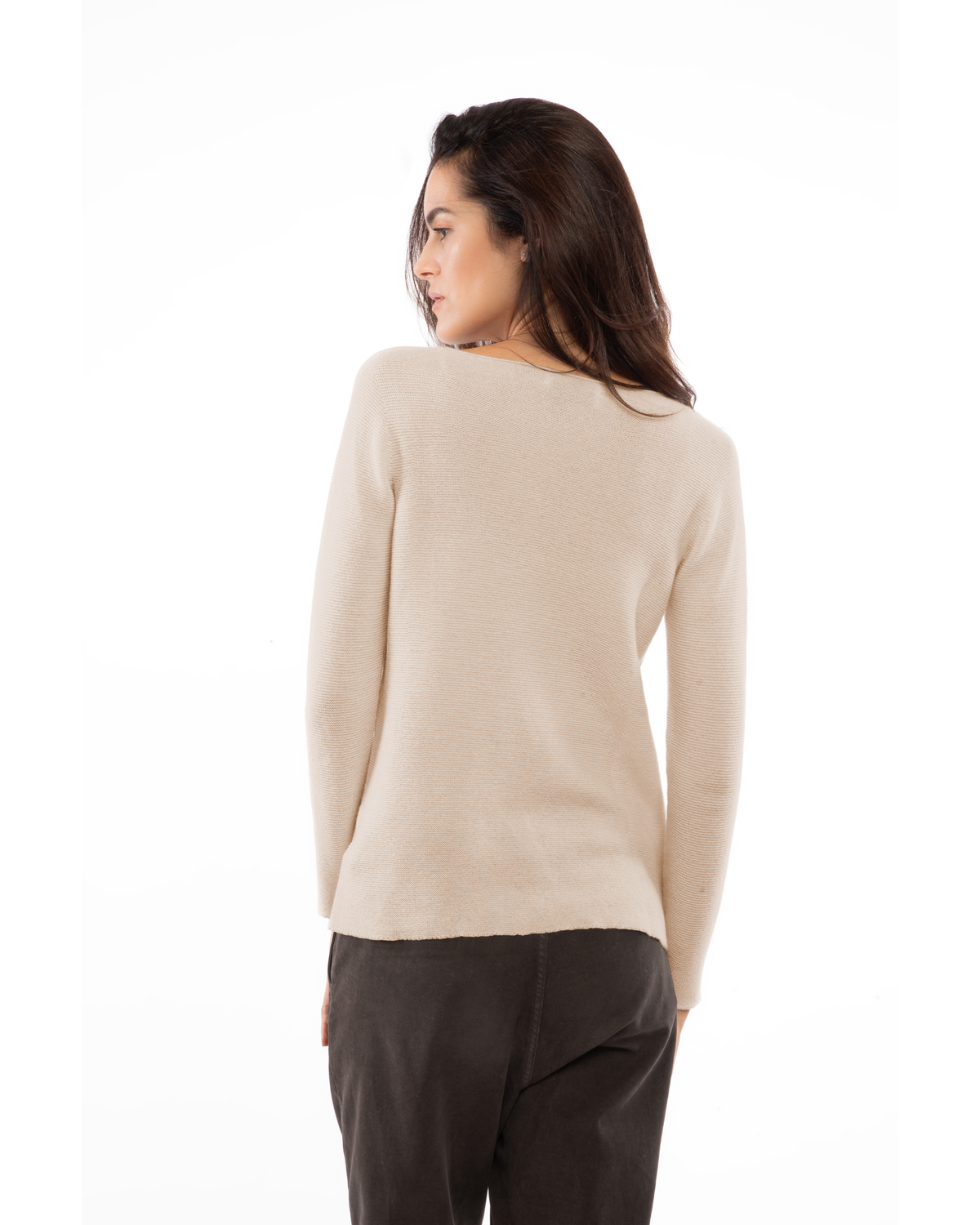 Beige cashmere links stitch boat neck sweater, on a model, back view