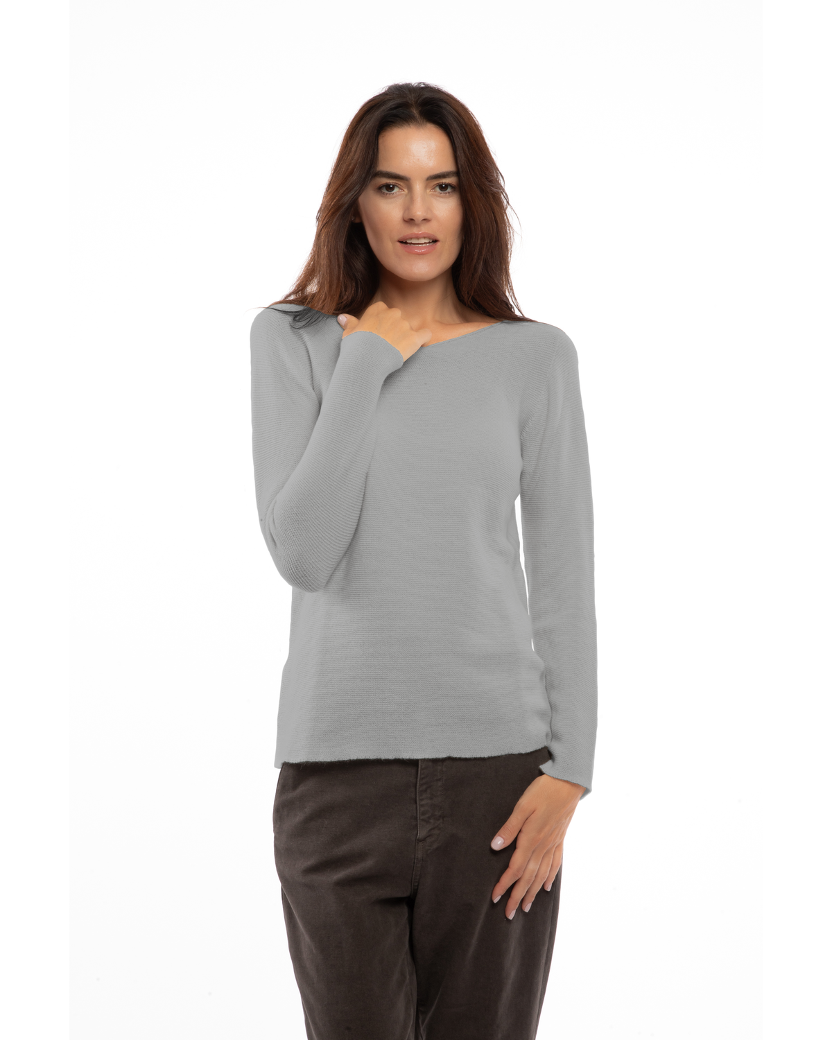 Medium Gray cashmere links stitch boat neck sweater, on a model, front view showing the boat neckline and long sleeves