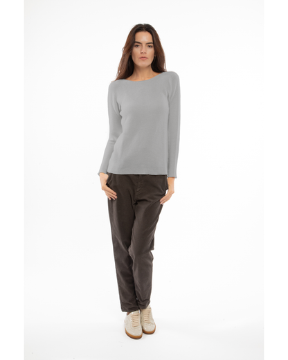 Medium Gray cashmere links stitch boat neck sweater, full-length outfit on a model, front view