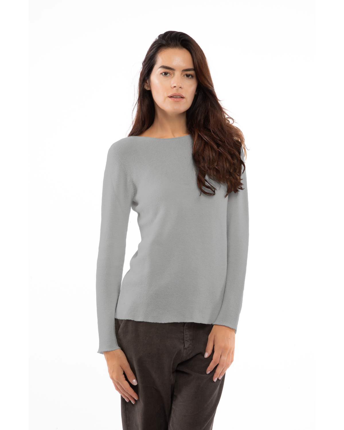 Medium Gray cashmere links stitch boat neck sweater, on a model, straight front view