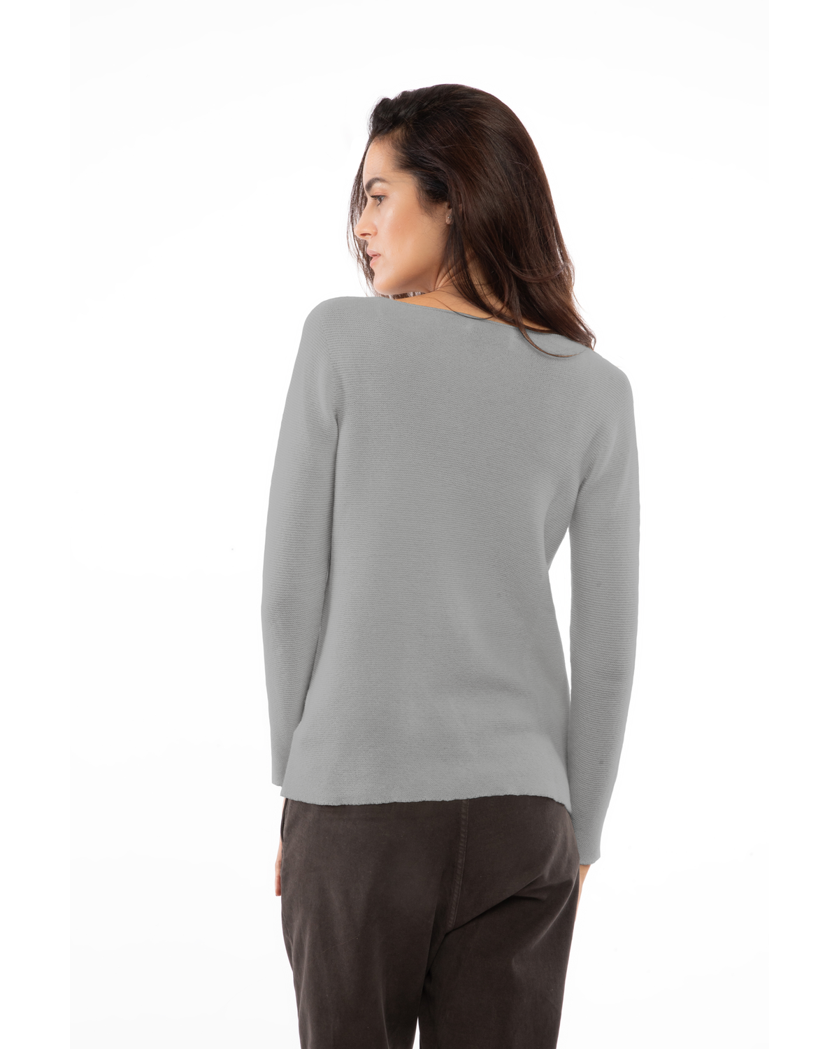 Medium Gray cashmere links stitch boat neck sweater, on a model, back view