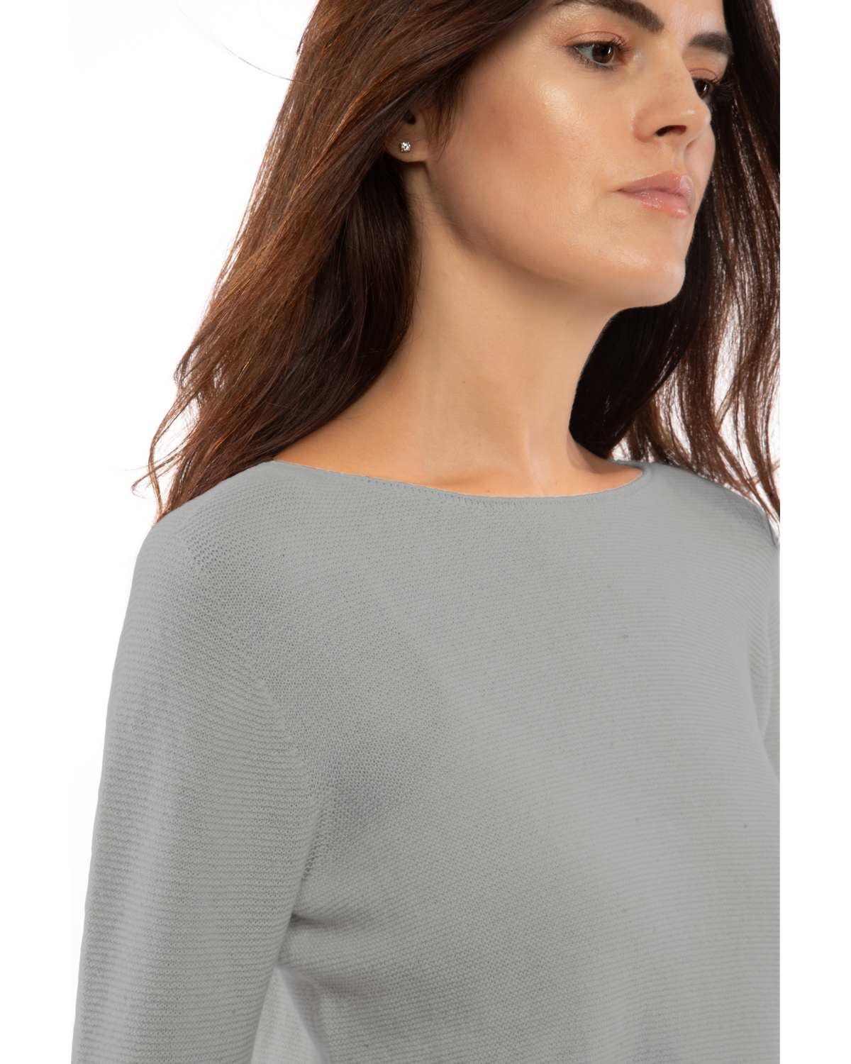 Medium Gray cashmere links stitch boat neck sweater, close-up of the boat neckline and links stitch texture