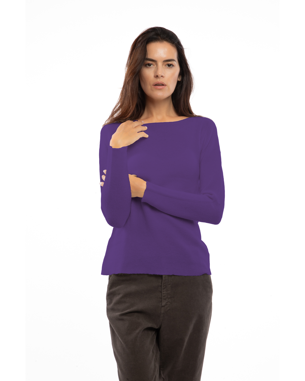 Iris Purple cashmere links stitch boat neck sweater, on a model, front view showing the boat neckline and long sleeves