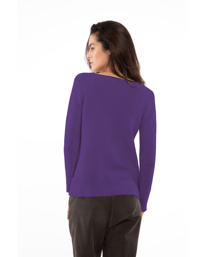 Iris Purple cashmere links stitch boat neck sweater, on a model, back view
