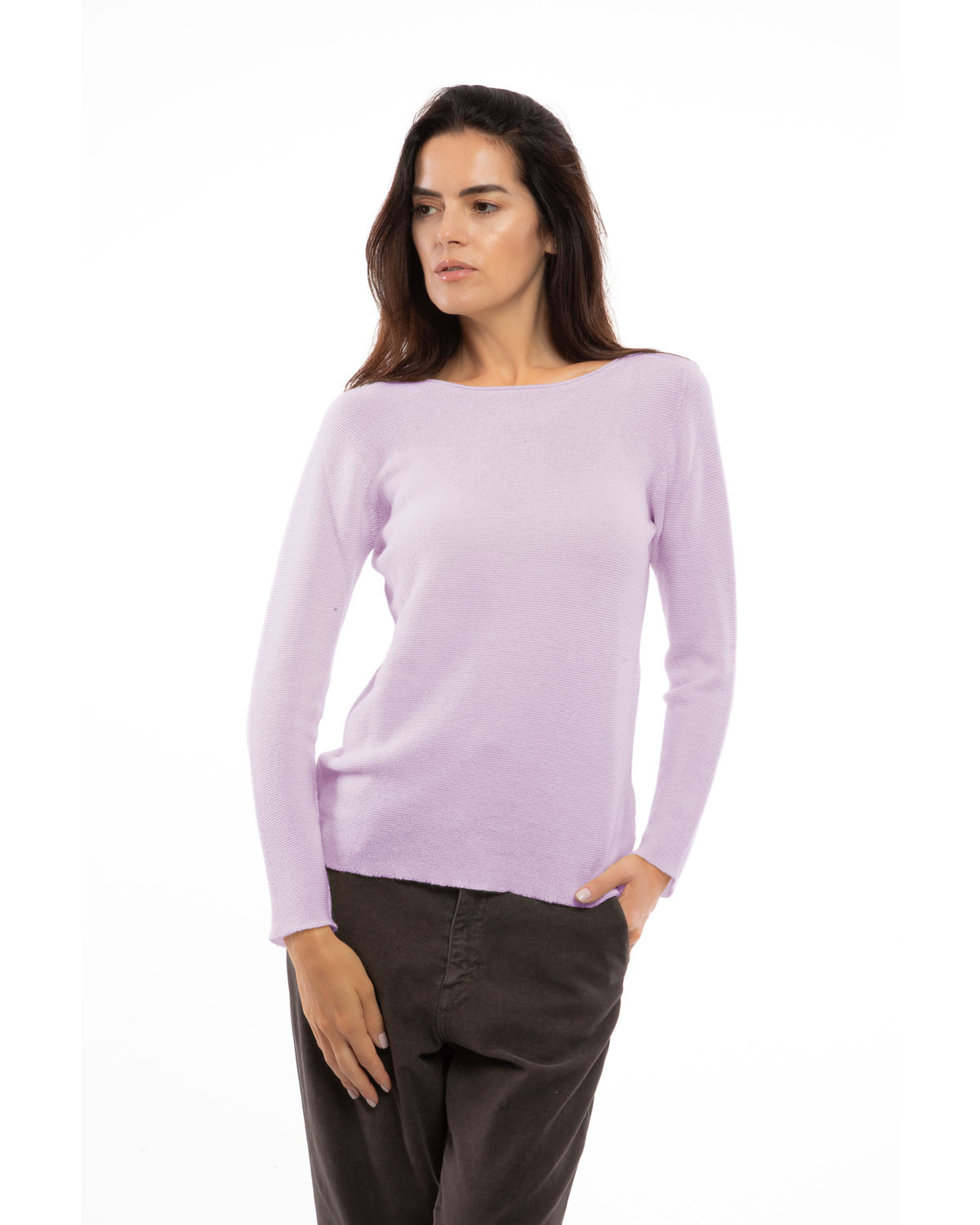 Lilac cashmere links stitch boat neck sweater, on a model, front view showing the boat neckline and long sleeves