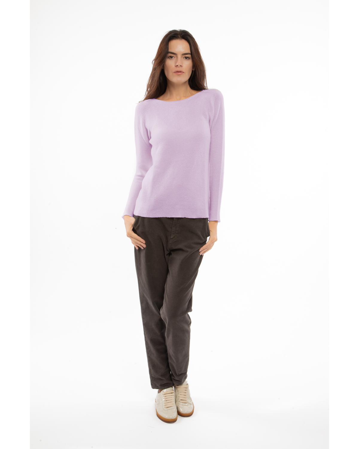 Lilac cashmere links stitch boat neck sweater, full-length outfit on a model, front view