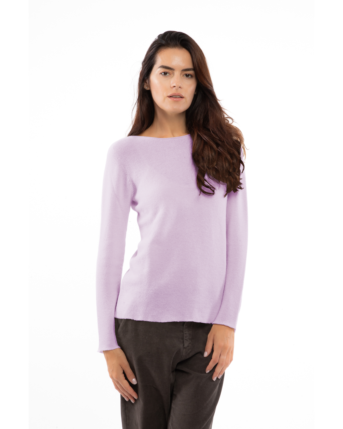 Lilac cashmere links stitch boat neck sweater, on a model, straight front view