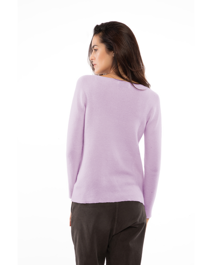 Lilac cashmere links stitch boat neck sweater, on a model, back view