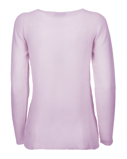 Lilac cashmere links stitch boat neck sweater, standalone garment, back view