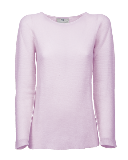 Lilac cashmere links stitch boat neck sweater, standalone garment, front view