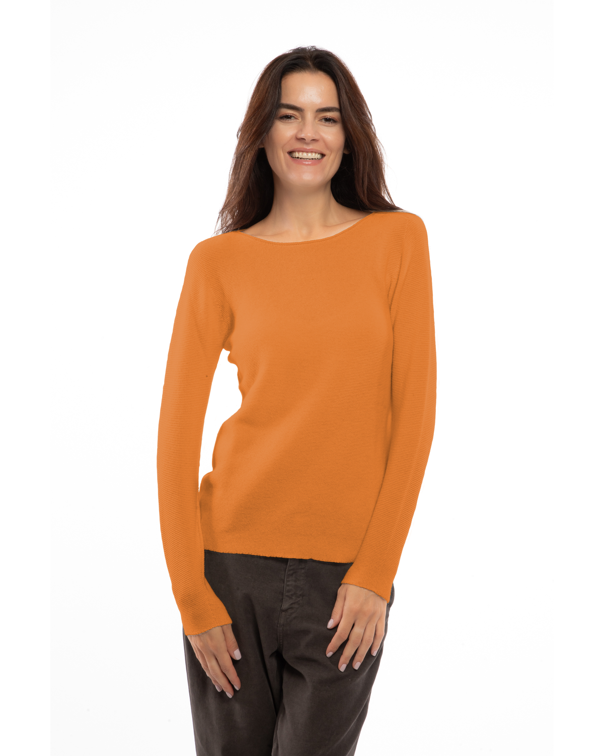 Saffron cashmere links stitch boat neck sweater, on a model, front view showing the boat neckline and long sleeves