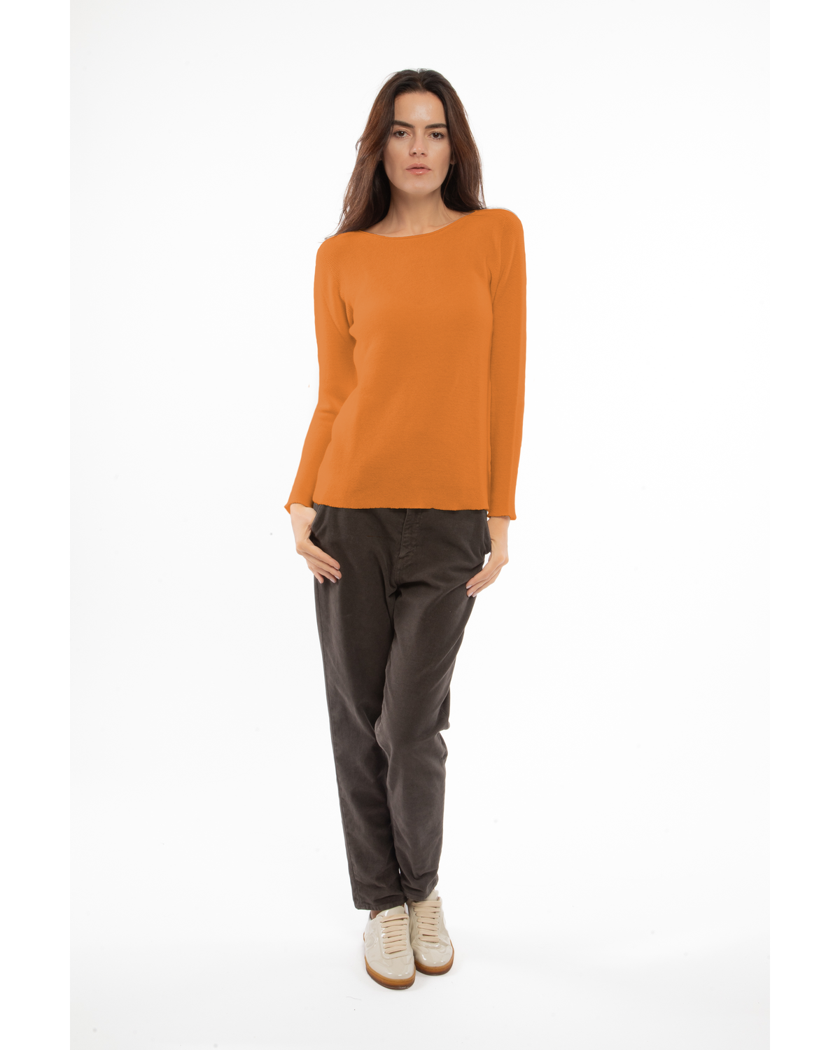 Saffron cashmere links stitch boat neck sweater, full-length outfit on a model, front view