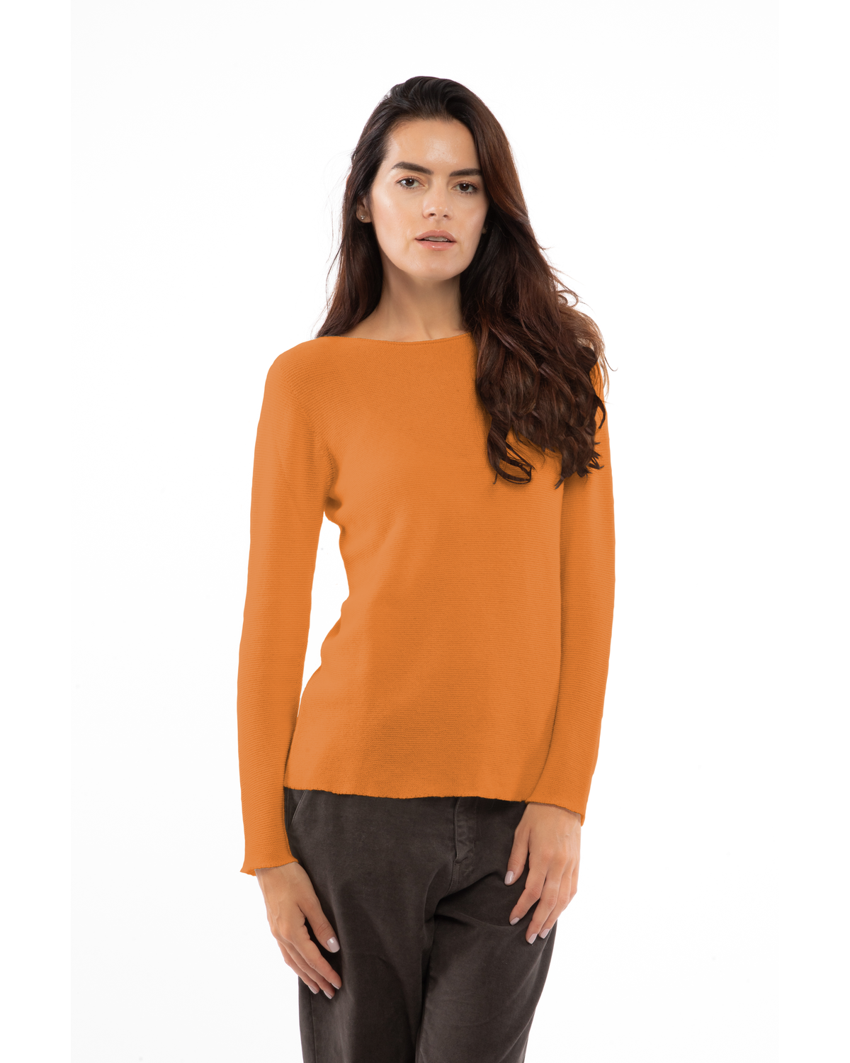Saffron cashmere links stitch boat neck sweater, on a model, straight front view