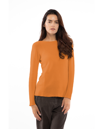 Saffron cashmere links stitch boat neck sweater, on a model, straight front view