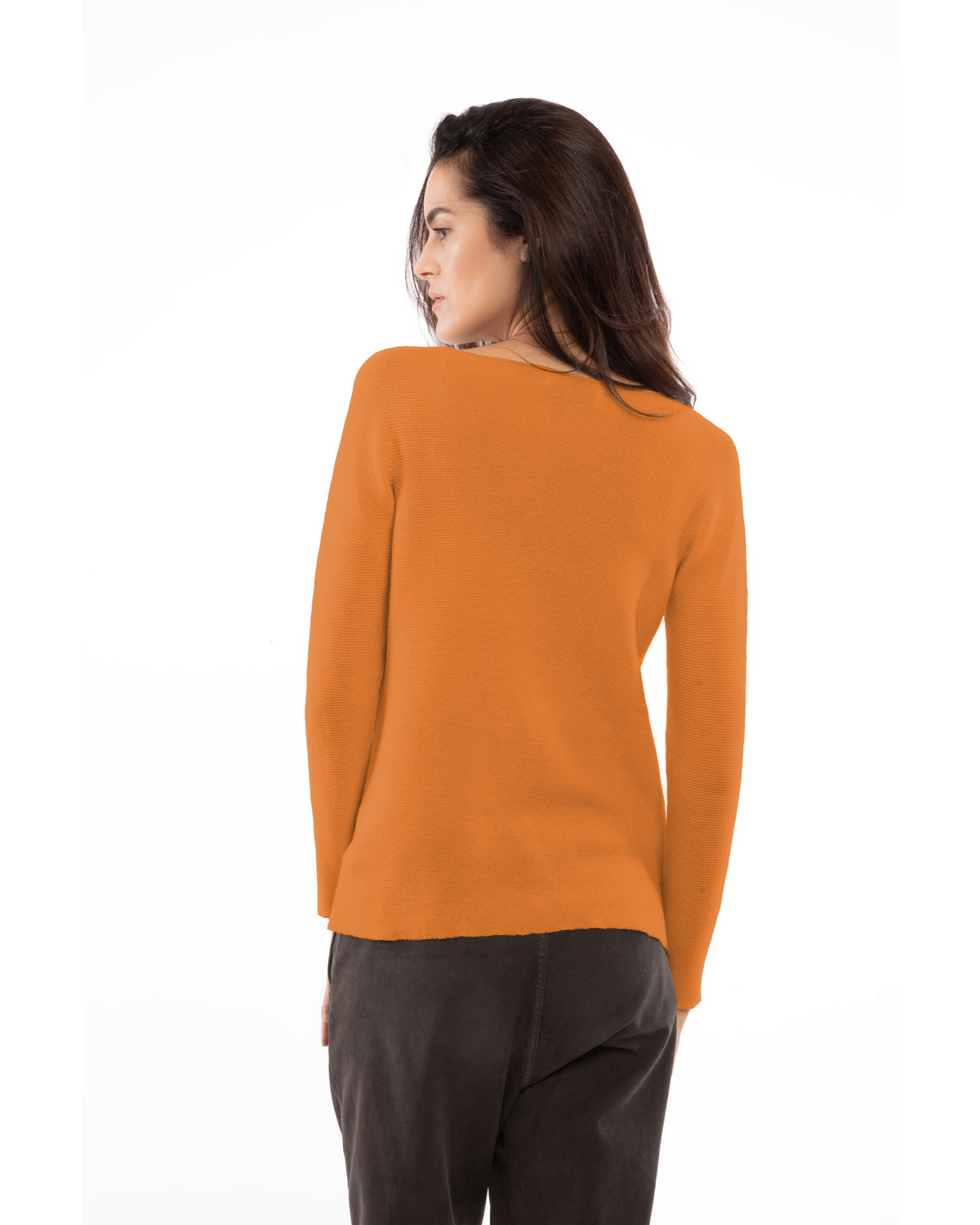 Saffron cashmere links stitch boat neck sweater, on a model, back view