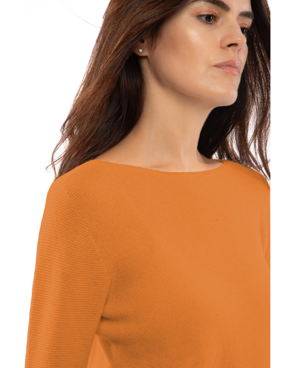 Saffron cashmere links stitch boat neck sweater, close-up of the boat neckline and links stitch texture