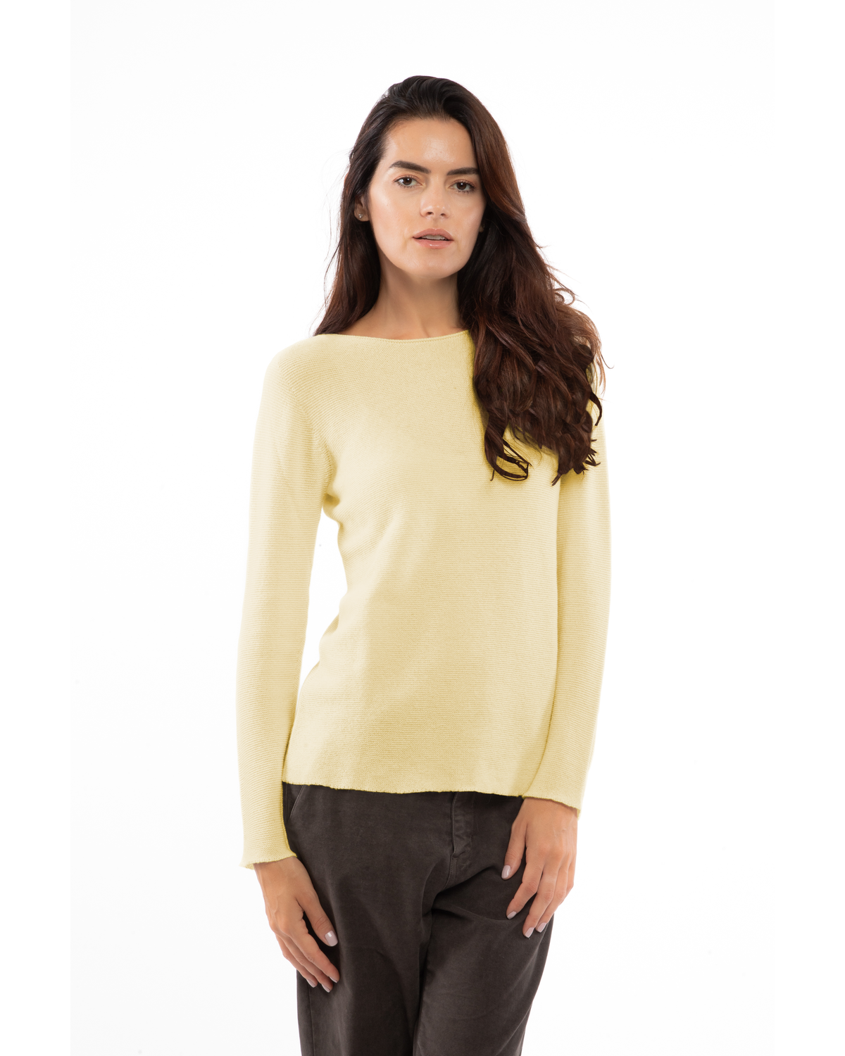 Butter Yellow cashmere links stitch boat neck sweater, on a model, straight front view