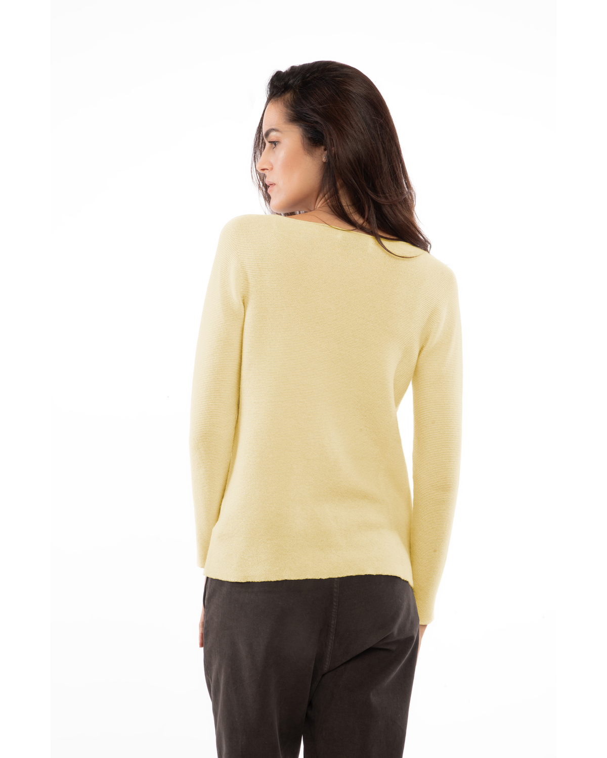 Butter Yellow cashmere links stitch boat neck sweater, on a model, back view