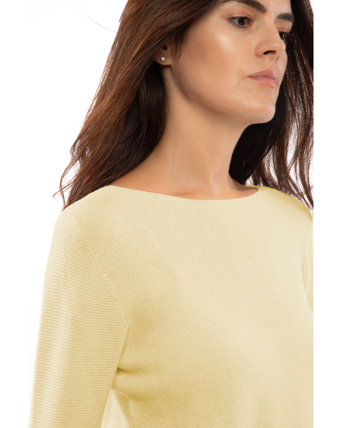 Butter Yellow cashmere links stitch boat neck sweater, close-up of the boat neckline and links stitch texture