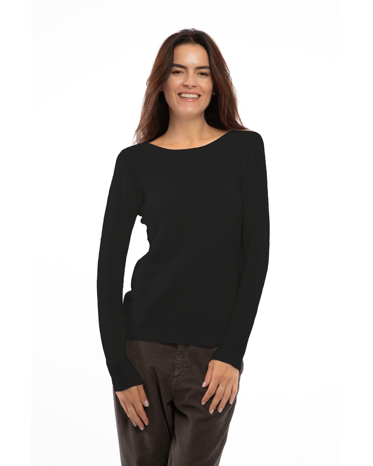 Black cashmere links stitch boat neck sweater, on a model, front view showing the boat neckline and long sleeves