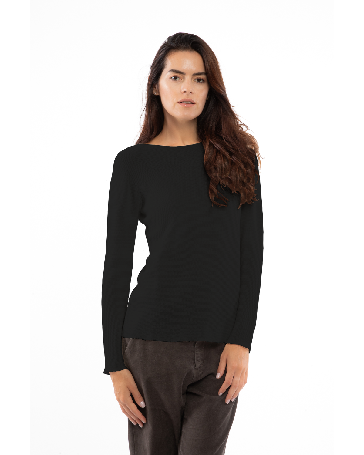 Black cashmere links stitch boat neck sweater, on a model, straight front view