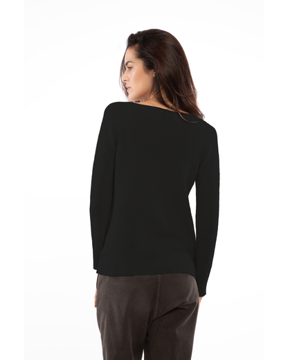 Black cashmere links stitch boat neck sweater, on a model, back view