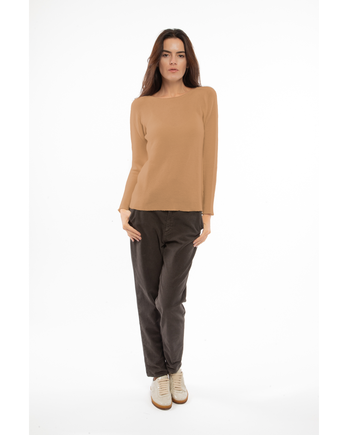 Camel cashmere links stitch boat neck sweater, full-length outfit on a model, front view
