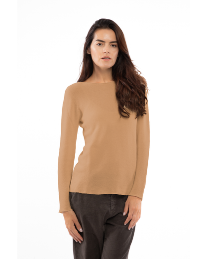 Camel cashmere links stitch boat neck sweater, on a model, straight front view